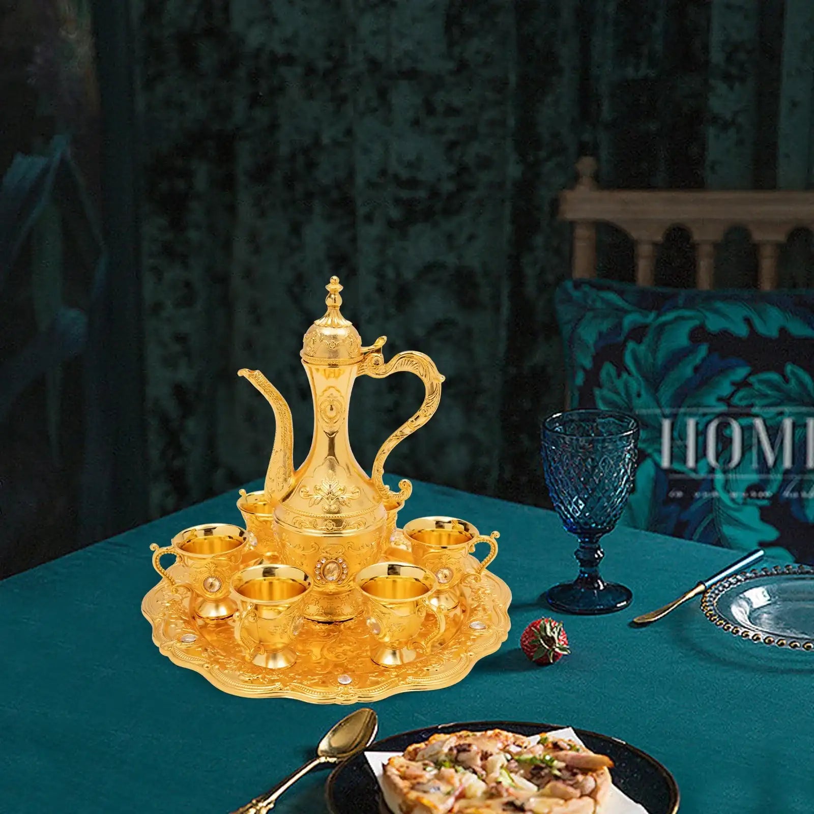 Vintage Turkish Tea & Coffee Serving Set with Pot and 6 Ornate Cups