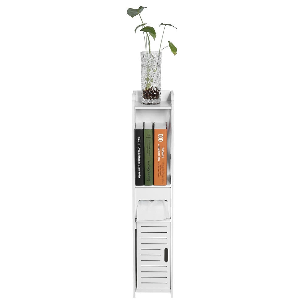 White Wood Bathroom Cabinet 80×15.5×15 cm – Slim Wall or Floor Cupboard with Shelf & Tissue Storage