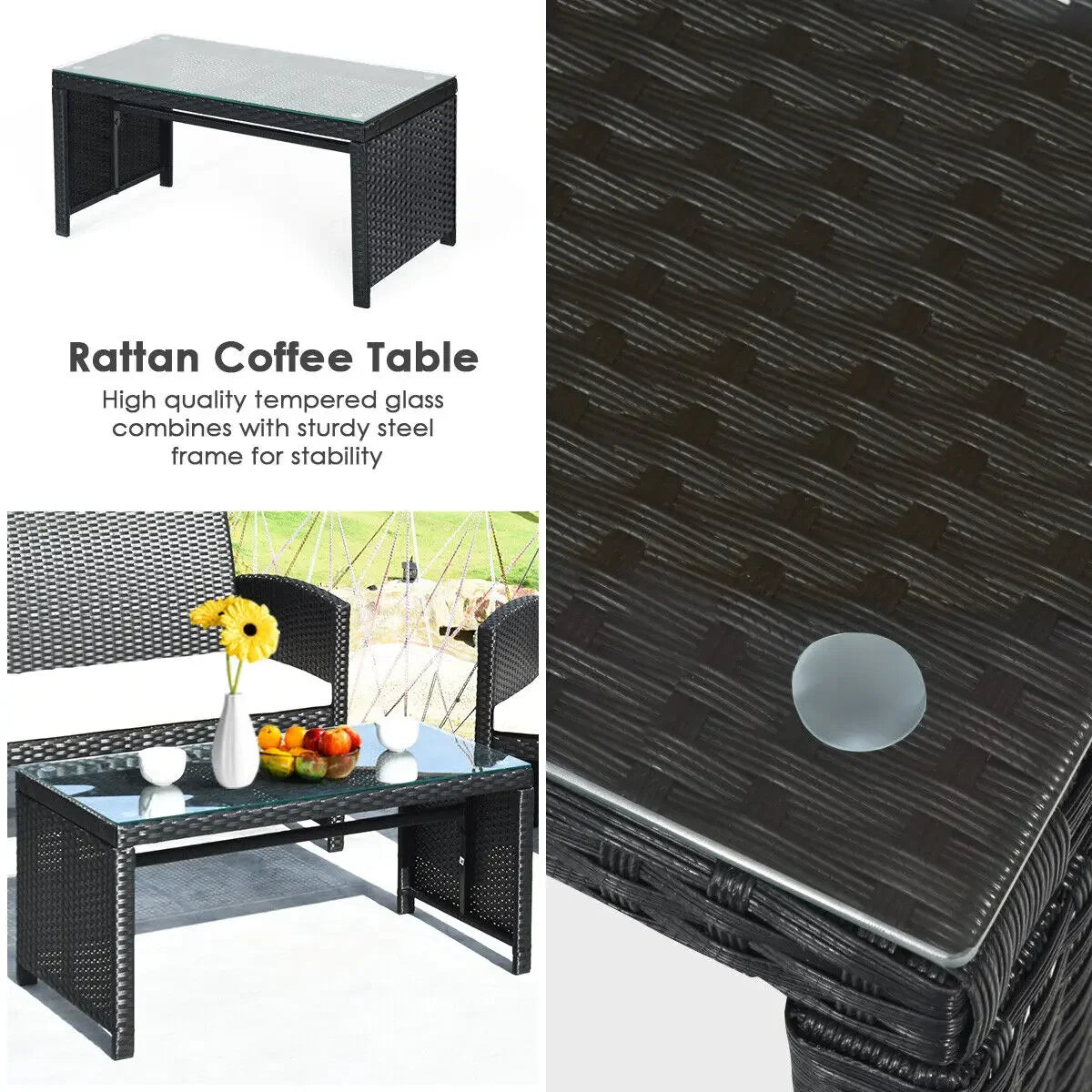 “4-Piece Rattan Patio Conversation Set – Cushioned Outdoor Sofa, 2 Chairs & Coffee Table with Tempered Glass Top”