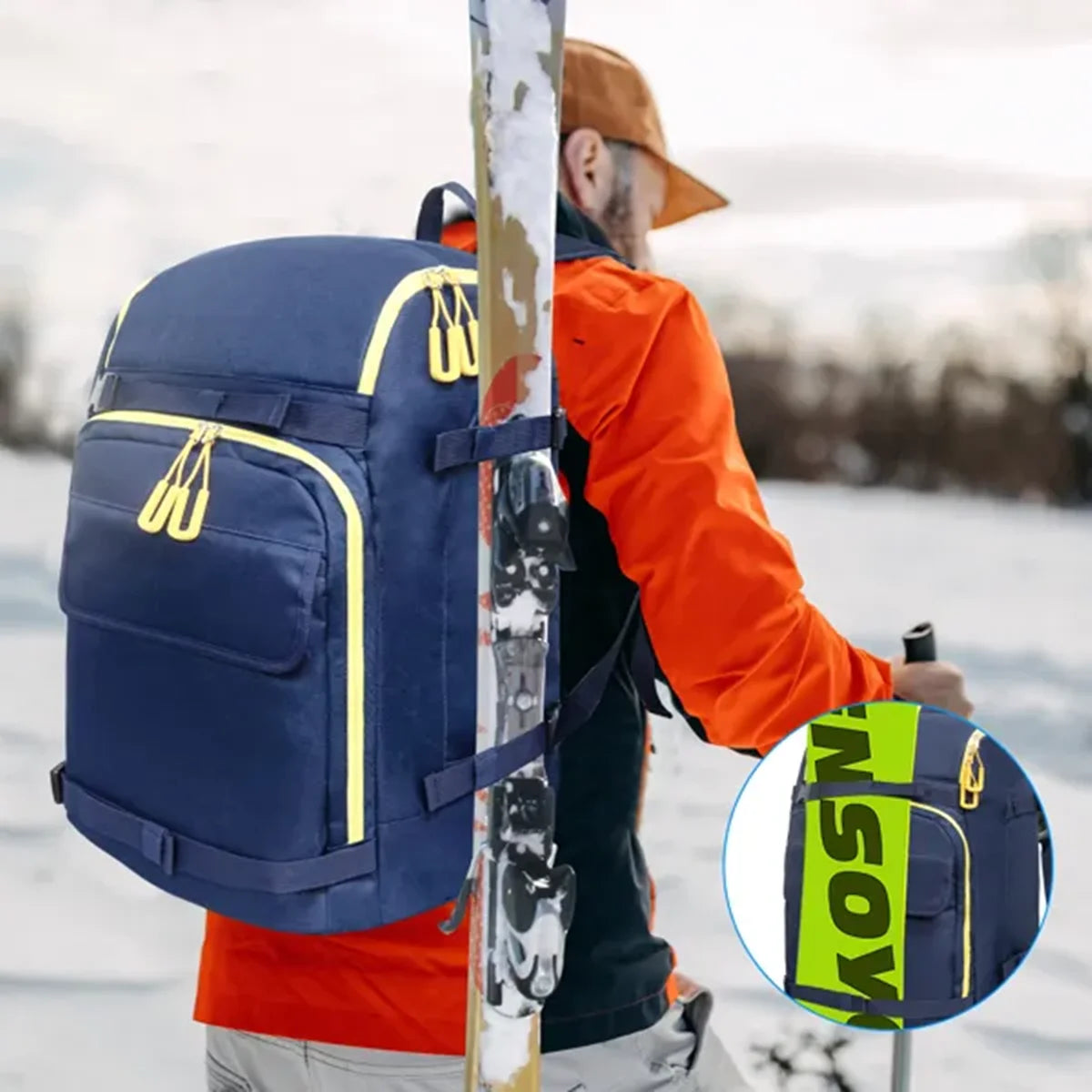 50L Ski Backpack for Winter Sports – Large Capacity Blue Travel Pack for Helmet, Goggles & Accessories