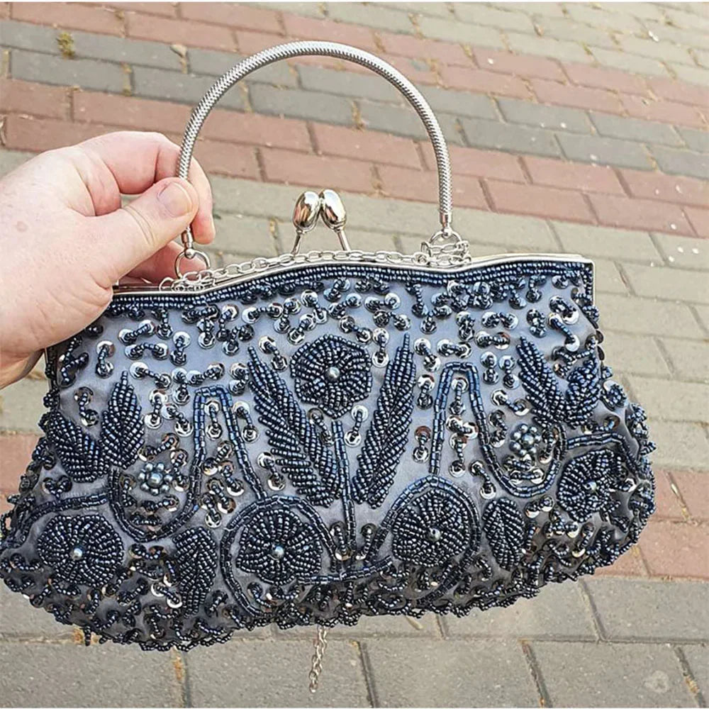 Women’s Retro Beaded Embroidered Evening Bag – Bridal Clutch with Chain Strap for Weddings, Parties & Banquets
