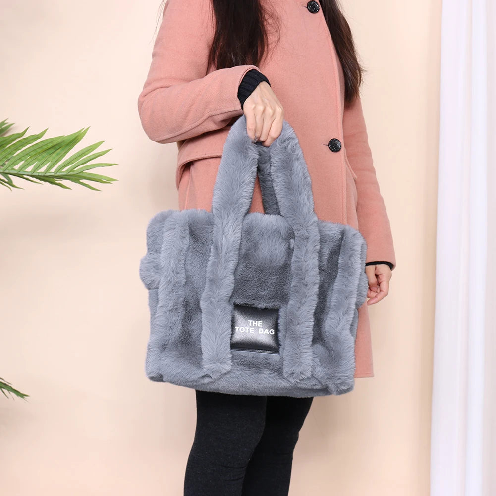 Women’s Fluffy Plush Tote Bag – Solid Color Soft Shoulder & Crossbody Shopper with Large Capacity for Work, Travel & Daily Use