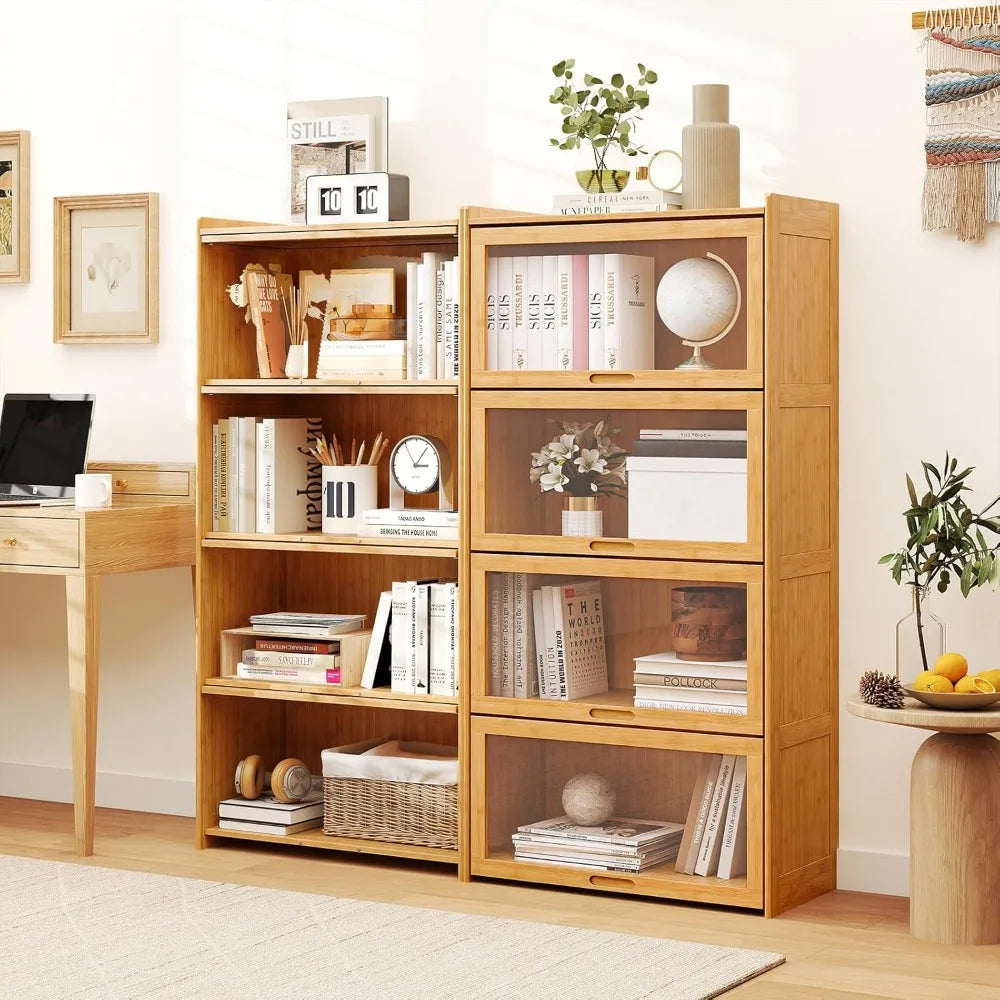 🎋 4-Tier Bamboo Bookcase with Clear Flip-Up Doors – 55" Freestanding Bookshelf & Cube Storage Organizer with Shelves