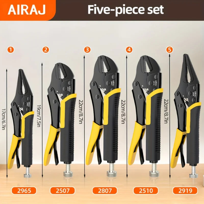 AIRAJ Locking Pliers Set – 5 Piece Quick-Release Curved-Jaw Vise-Grips for Strong Clamping & Metal Bending