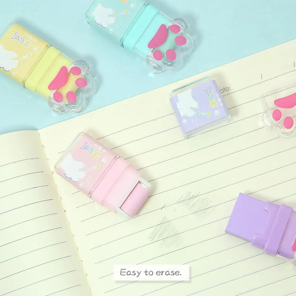 Cute Paw Roller Erasers – 4-Pack Rubber Erasers with Built-In Shaving Roller Case