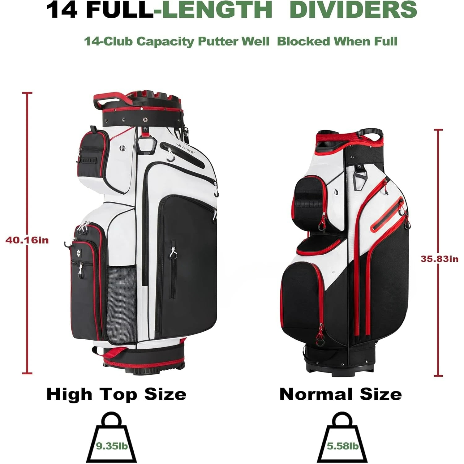 14-Way Golf Cart Bag – Premium Full-Length Divider Club Bag for Men with Magnetic Leather Pocket, Handles & Rain Cover