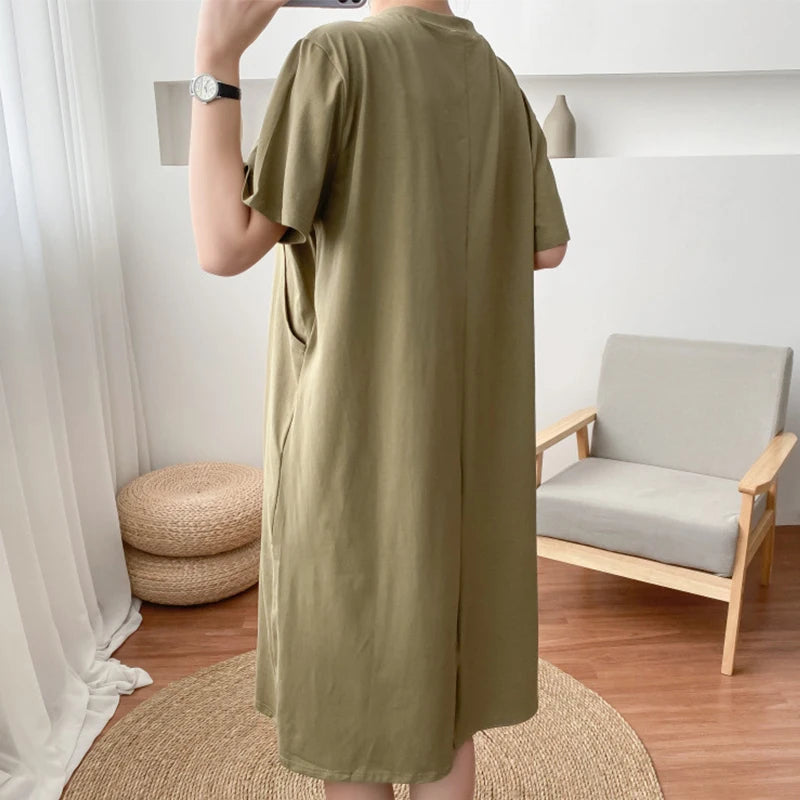 Women’s Cotton Maternity Dress – Pure Color Long Skirt with Nursing Access, Short Sleeve Pregnancy & Breastfeeding Clothes