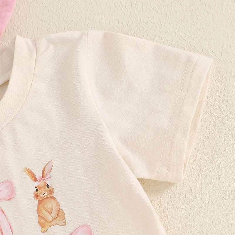 “Toddler Girl Easter Outfit – 3-Piece Bow Bunny Print T-Shirt, Flare Pants & Headband Set”