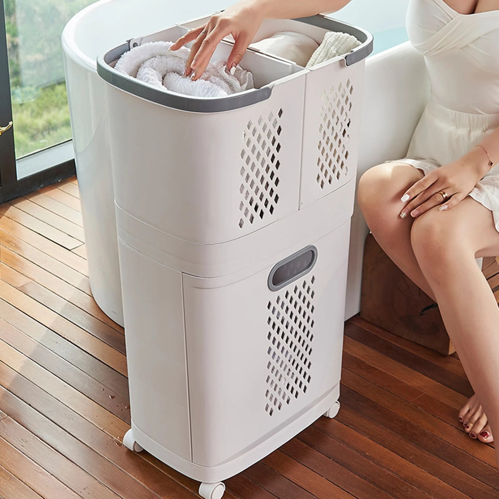 Movable Freestanding 2-Layer Laundry Basket – Detachable Dirty Clothes Storage with Wheels for Laundry Room & Balcony