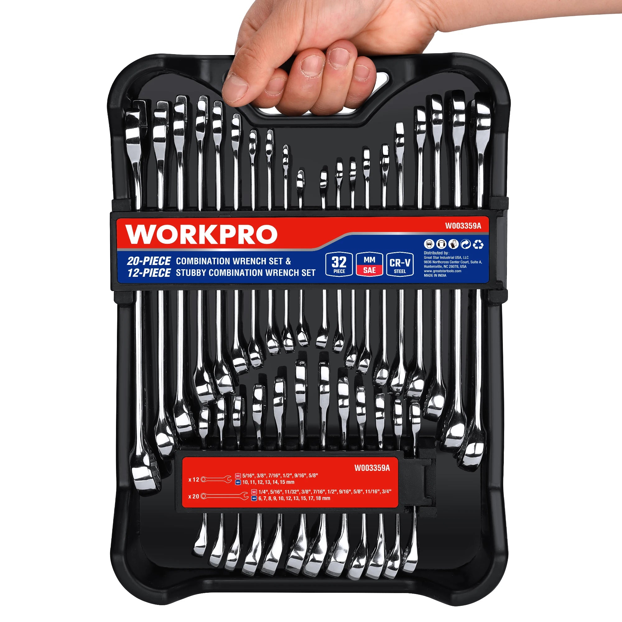 WORKPRO 32-Piece SAE & Metric Combination Wrench Set – Standard + Stubby Wrenches with Organizer Tray