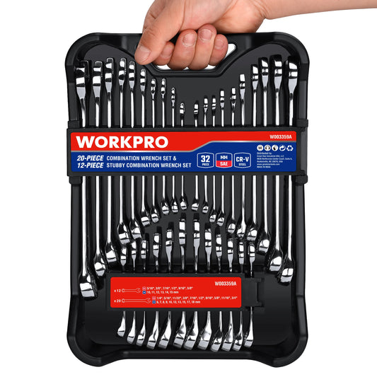 WORKPRO 32-Piece SAE & Metric Combination Wrench Set – Standard + Stubby Wrenches with Organizer Tray