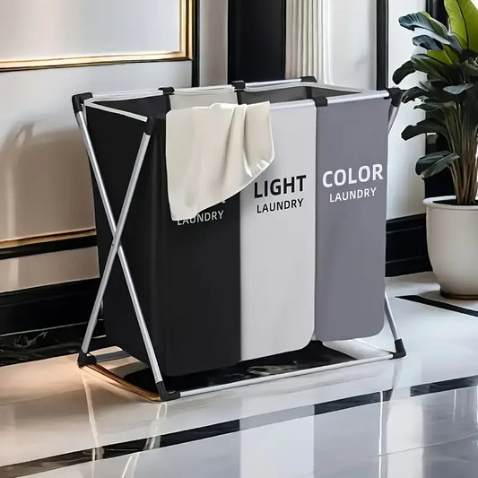 Dual-Compartment Fabric Laundry Basket – Colour-Coded Dark & White Sorting Hamper