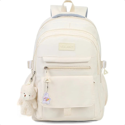 Girls Aesthetic Backpack for School & College – Cute Beige Bookbag with Accessories