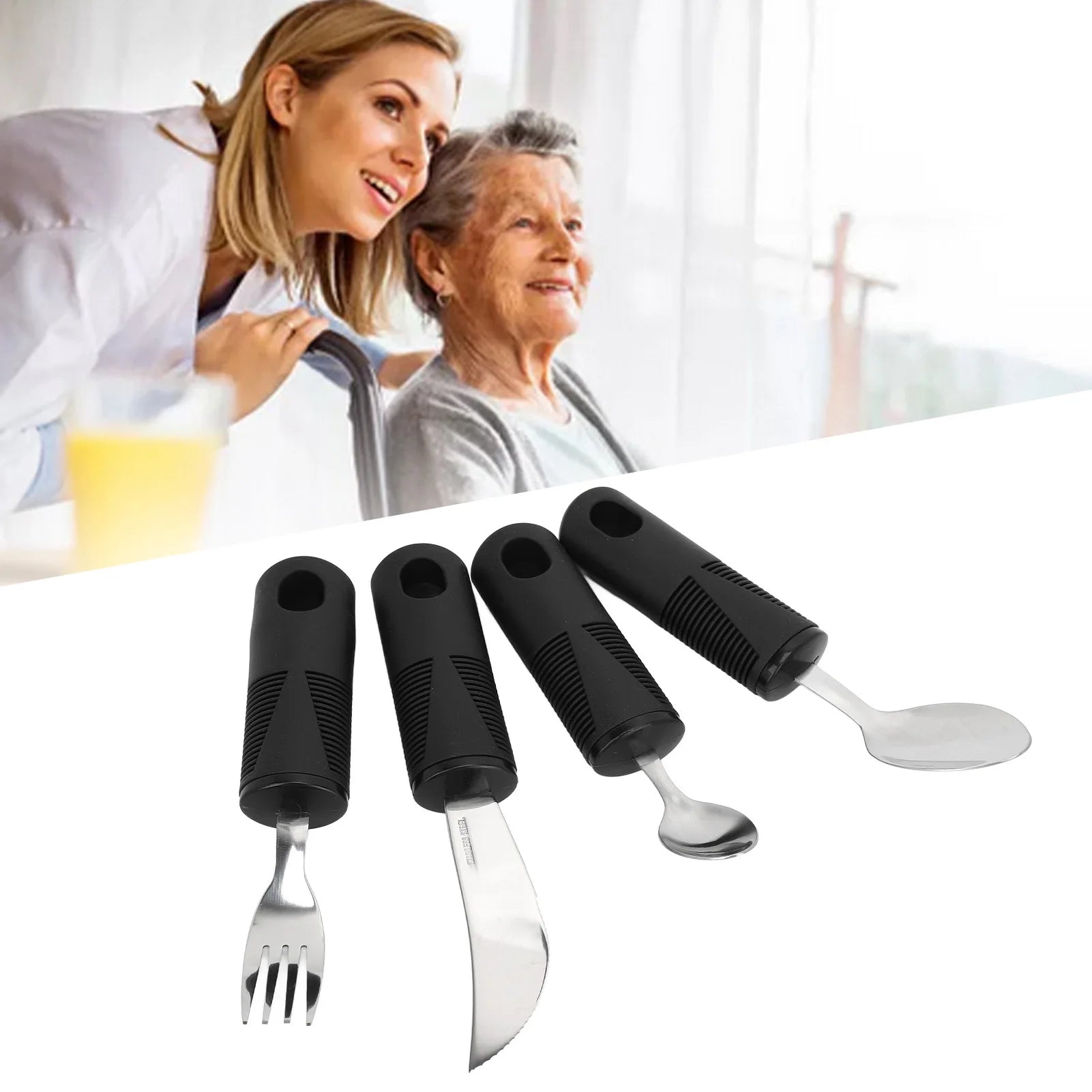4-Piece Non-Slip Rubber Handle Stainless Steel Utensil Set – Spoon • Fork • Steak Knife • Teaspoon