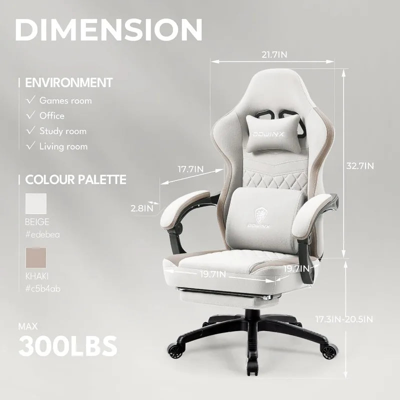Dowinx Ergonomic Gaming Chair – Breathable Fabric Computer Chair with Pocket Spring Cushion & Gel Pad, Beige