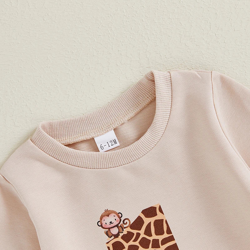 Baby Boy First Birthday Outfit – Animal Print Long Sleeve Sweatshirt & Elastic Waist Pants Set for Fall Celebrations