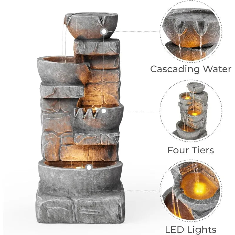 33.25″ Cascading Bowls & Stacked Stones LED Outdoor Water Fountain
