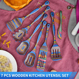 7-Piece Blue Pakkawood Cooking Utensils Set – Wooden Spoons & Spatulas for Cooking, Serving and Stirring