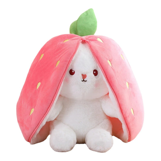 Reversible Bunny Plush Toy – 18/25/35cm Soft Stuffed Rabbit Hiding in Strawberry or Carrot Bag, Cute Pillow & Gift for Kids