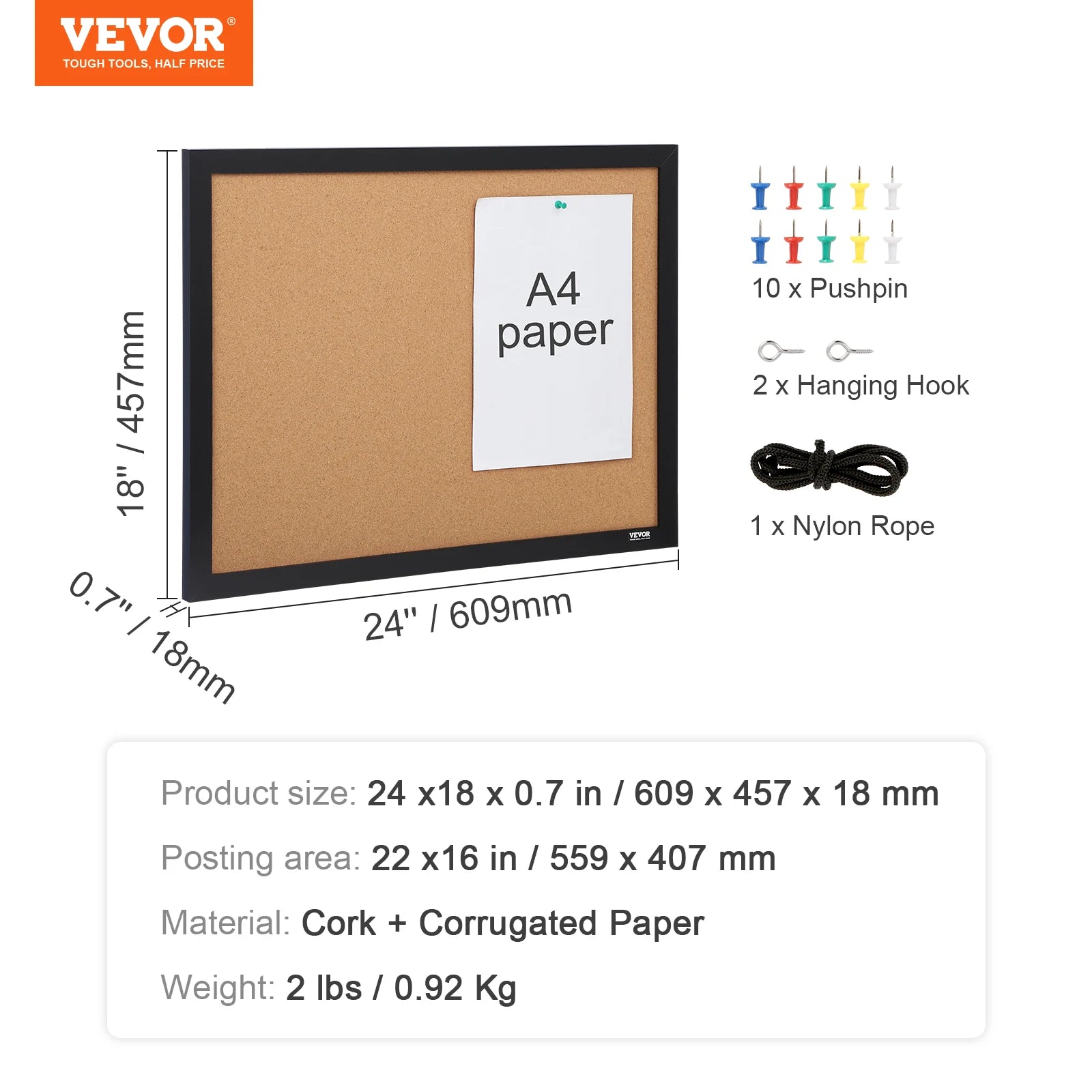 VEVOR Cork Board Bulletin Board – 36 x 24 / 24 x 18 in Vision Board with MDF Frame & Push Pins