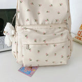 Floral Print Aesthetic Backpack with Pendant – College & School Bookbag for Students and Travel