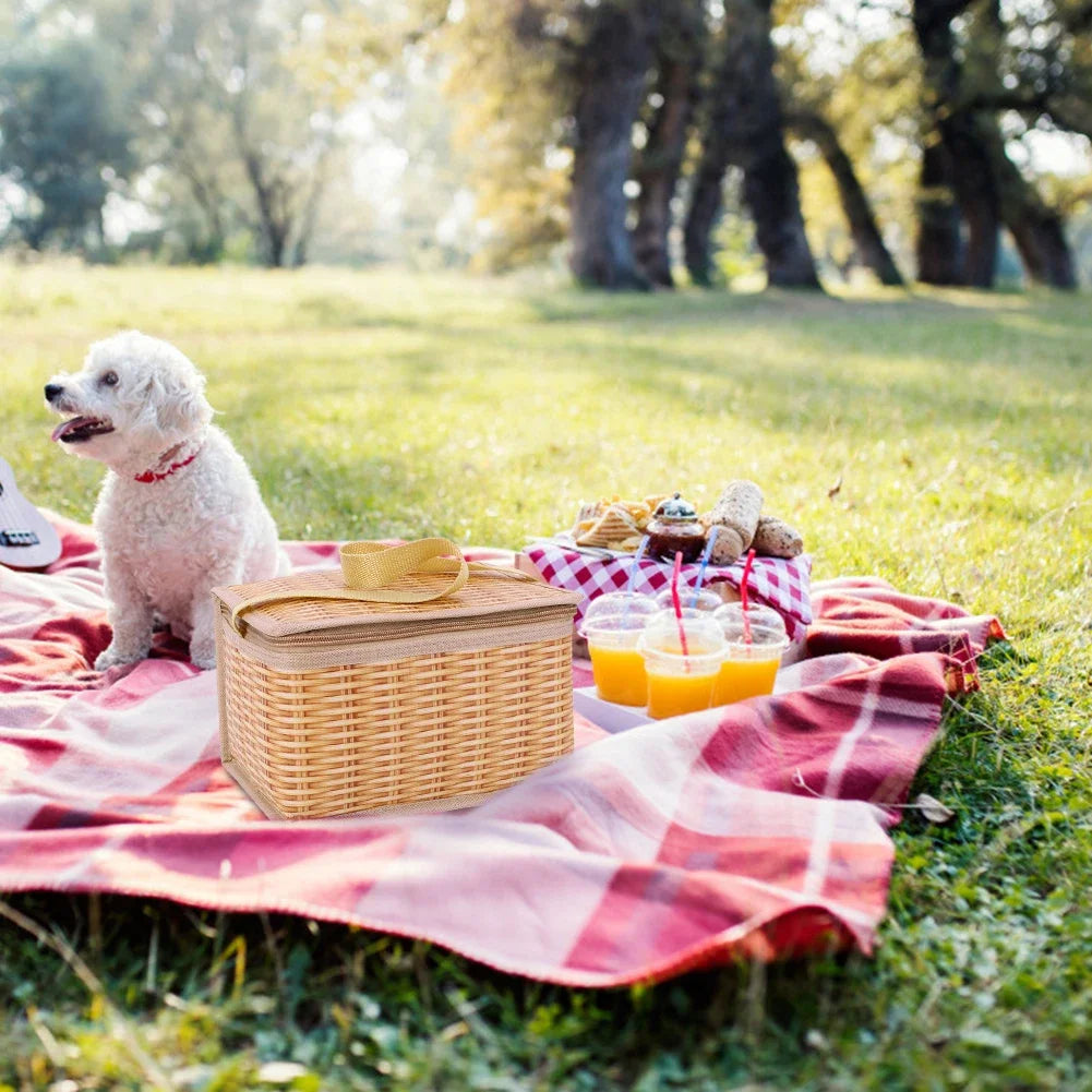 Thermal Cooler Outdoor Wicker & Rattan Picnic Bag – Waterproof Lunch Box Camping Basket with Strap & Zipper (22 × 14 × 12 cm)