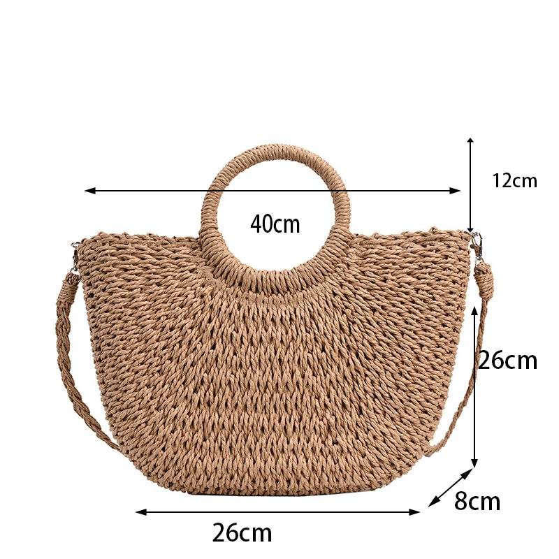 Handmade Straw Woven Bucket Tote for Women – Summer Seaside Beach Handbag with Handle, Travel & Shopping Basket Bag