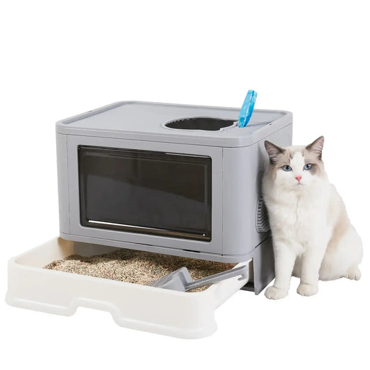 Foldable Cat Litter Box – Enclosed Kitty Toilet with Front Entry, Top Exit, Scoop & Massager, Portable Foldable Cat Toilet for Indoor Cats