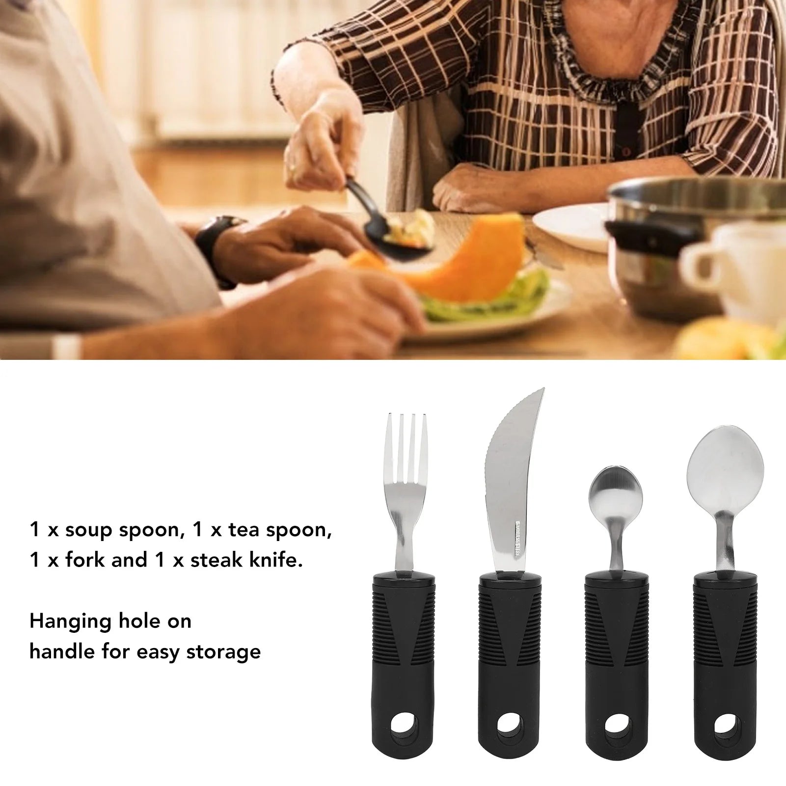 4-Piece Non-Slip Rubber Handle Stainless Steel Utensil Set – Spoon • Fork • Steak Knife • Teaspoon