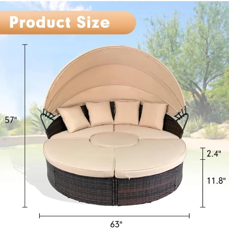 5-Piece Outdoor Patio Daybed with Retractable Canopy – Round Wicker Rattan Sectional Sofa Set