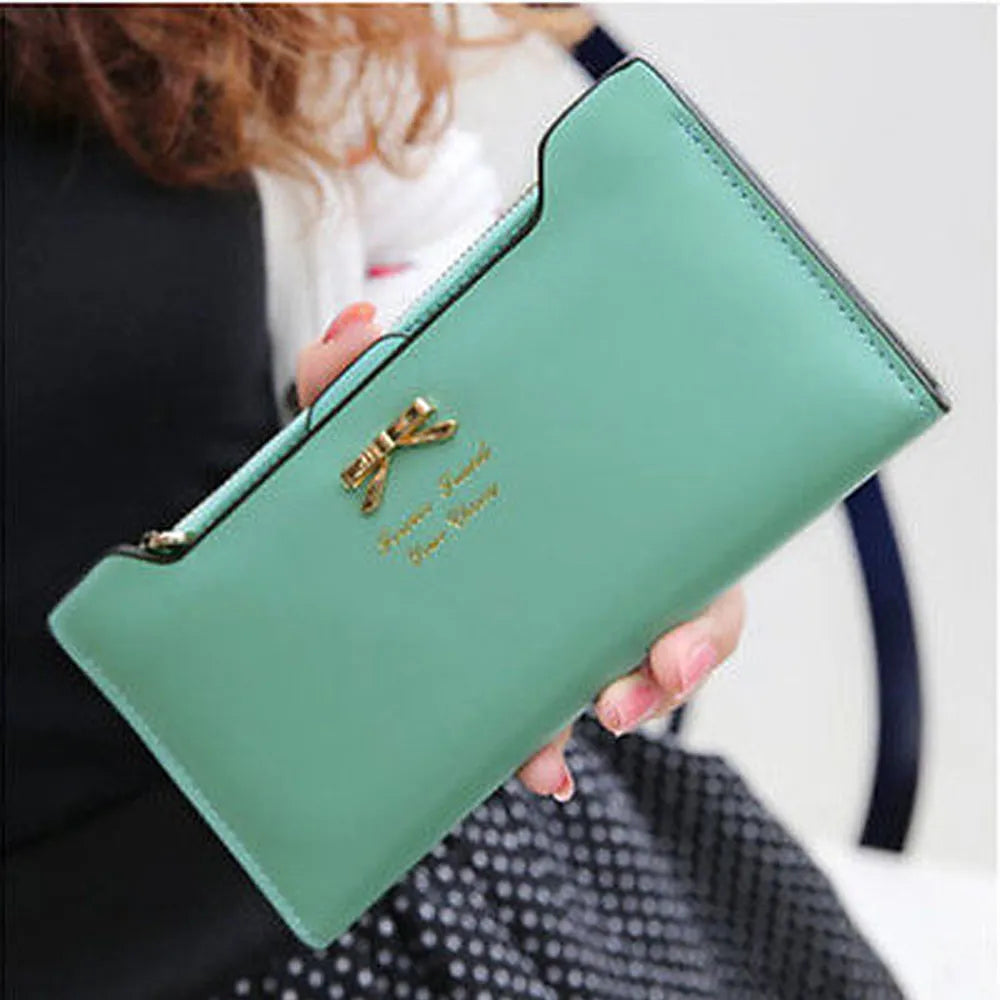 Women’s PU Leather Long Wallet – Cute Bowknot Clutch with Zipper, Multi-Card Slots, Coin Purse & Phone Holder