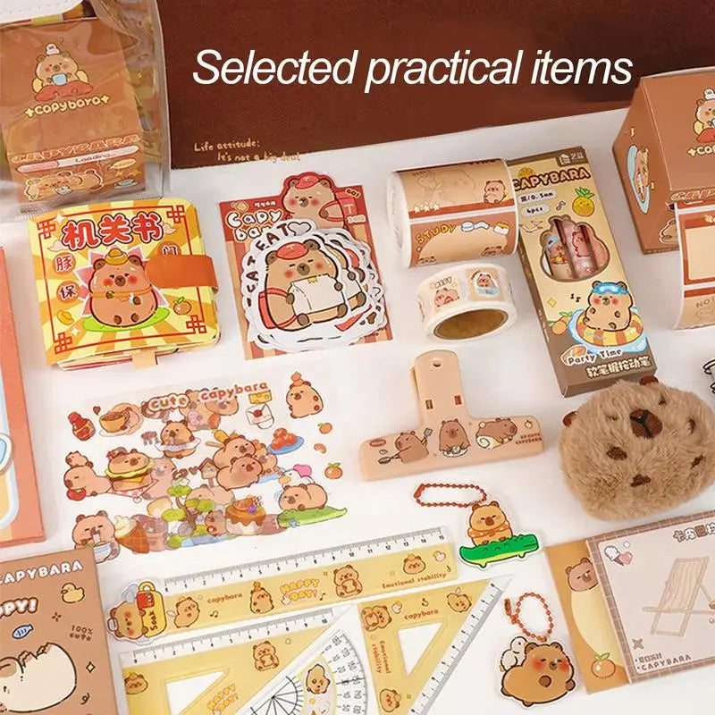 Capybara Cartoon Stationery Set – Complete Kit with Stickers, Notepads & Plush Pendants