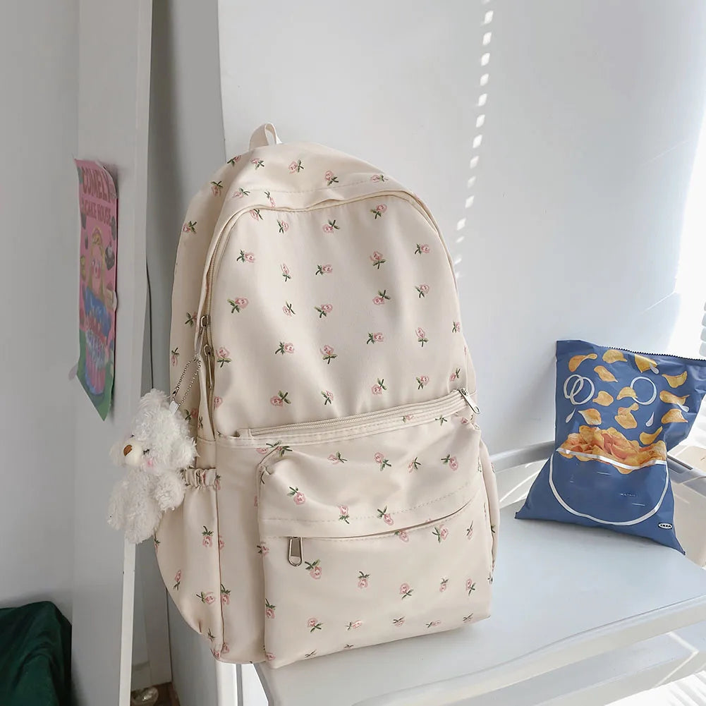 Floral Print Backpack with Decorative Pendant – Large Capacity Girls College & School Travel Bookbag