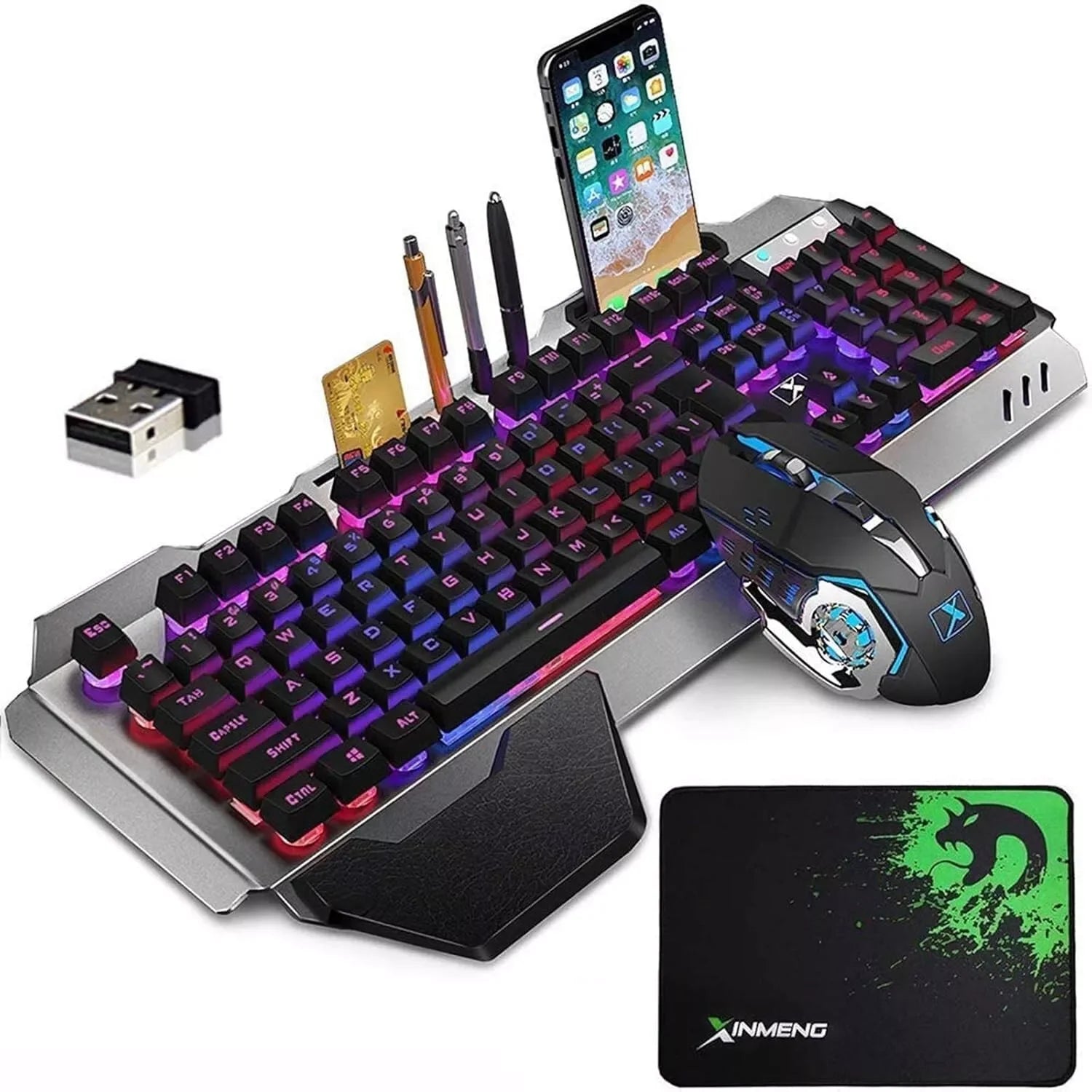 Wireless Gaming Keyboard & Mouse Set – Rainbow RGB Backlit Rechargeable Keyboard with 7-Color Silent Mouse & Gaming Pad