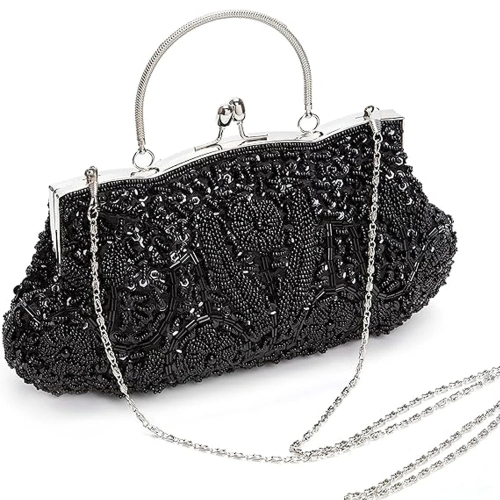Beaded Women’s Evening Clutch with Chain-Shoulder Strap – Wedding Party Handbag