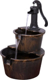 Rustic 2-Tier Barrel and Pump Water Fountain – Bronze Finish | 27”H Outdoor Garden & Patio Fountain with Relaxing Water Flow