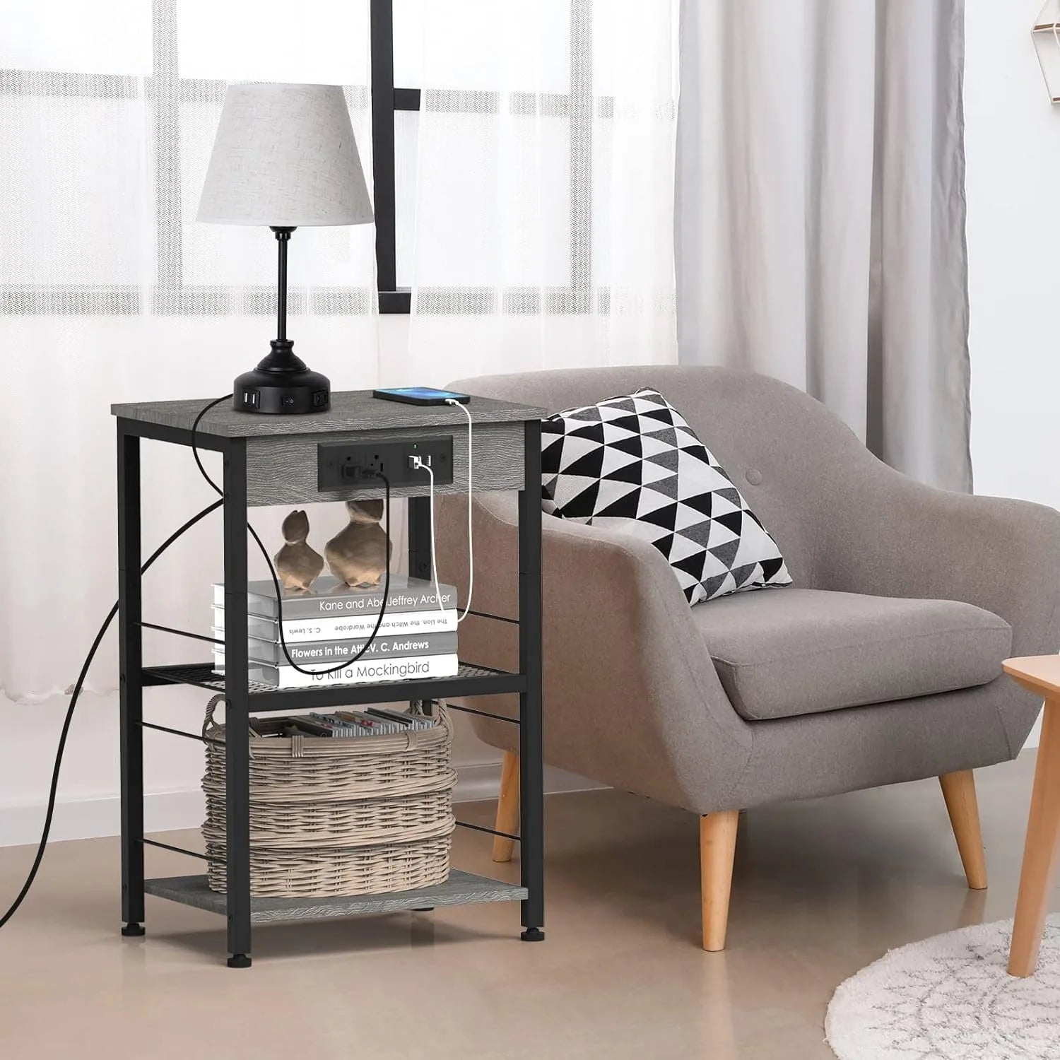 Bedside Table with Charging Station – 3-Tier Nightstand with USB Ports & Power Outlets, Side Table with Storage Rack for Bedroom & Living Room
