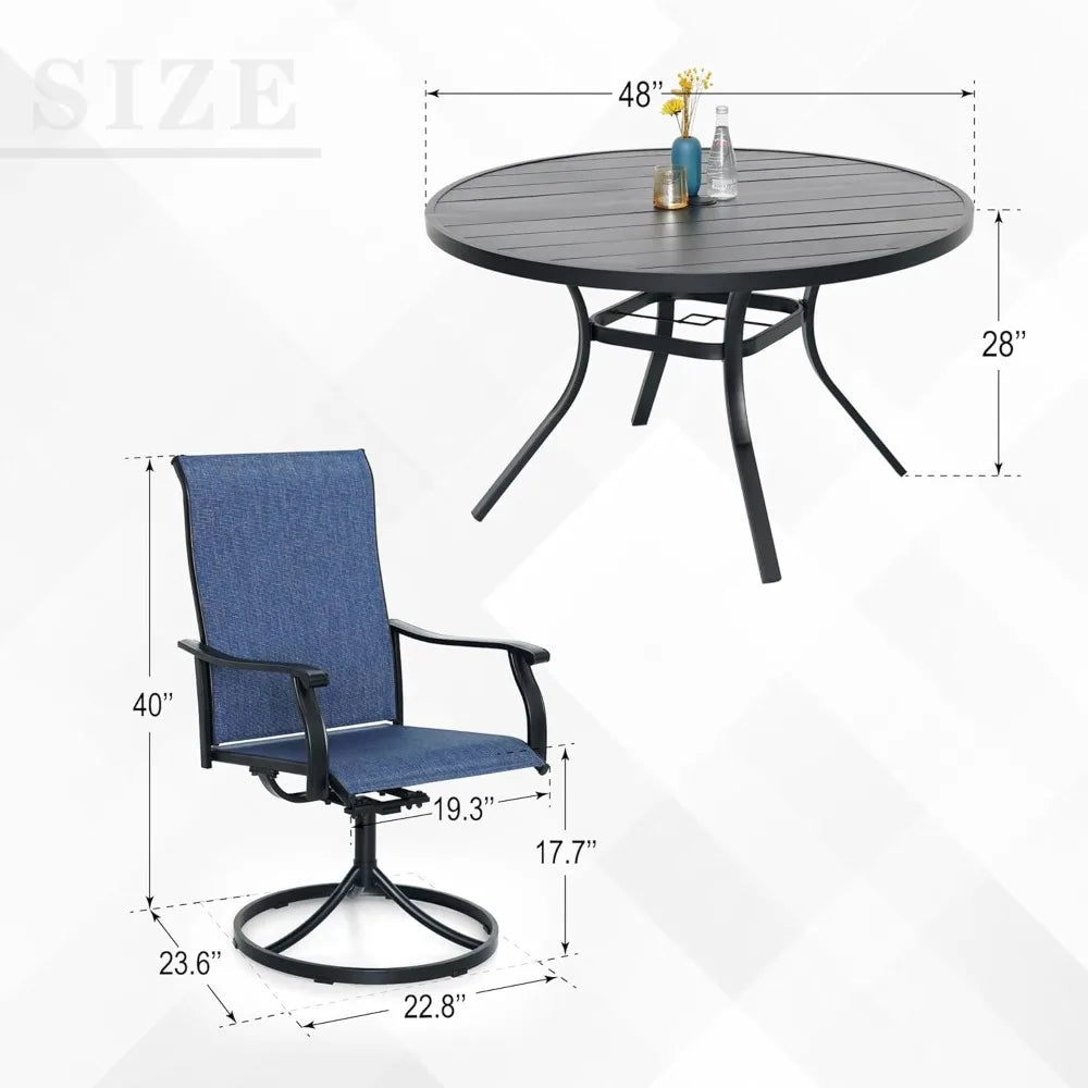 “5-Piece Outdoor Dining Set – 48-Inch Round Table with 4 Swivel Textilene Chairs, All-Weather Patio Furniture (Blue)”