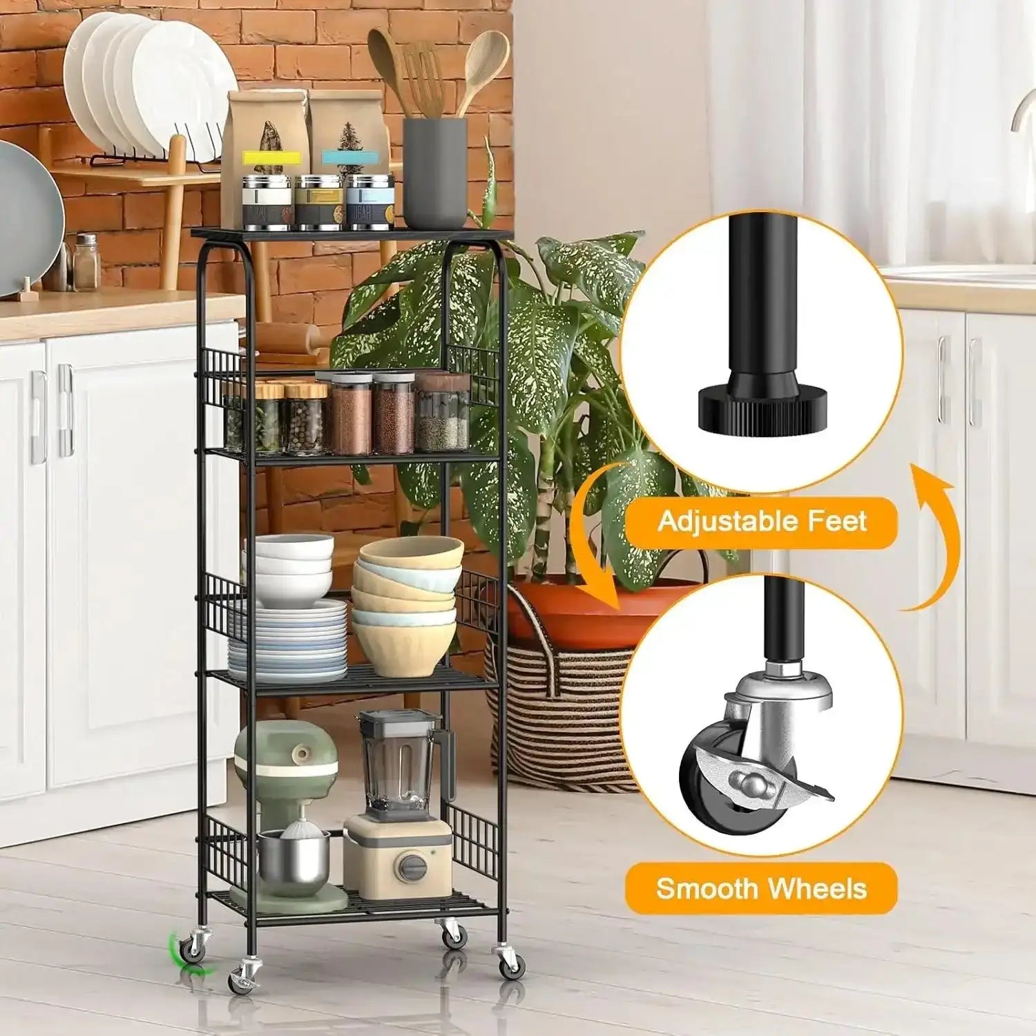 4-Tier Kitchen Rack with Wheels – Metal Shelving for Microwave & Storage - PulinGO