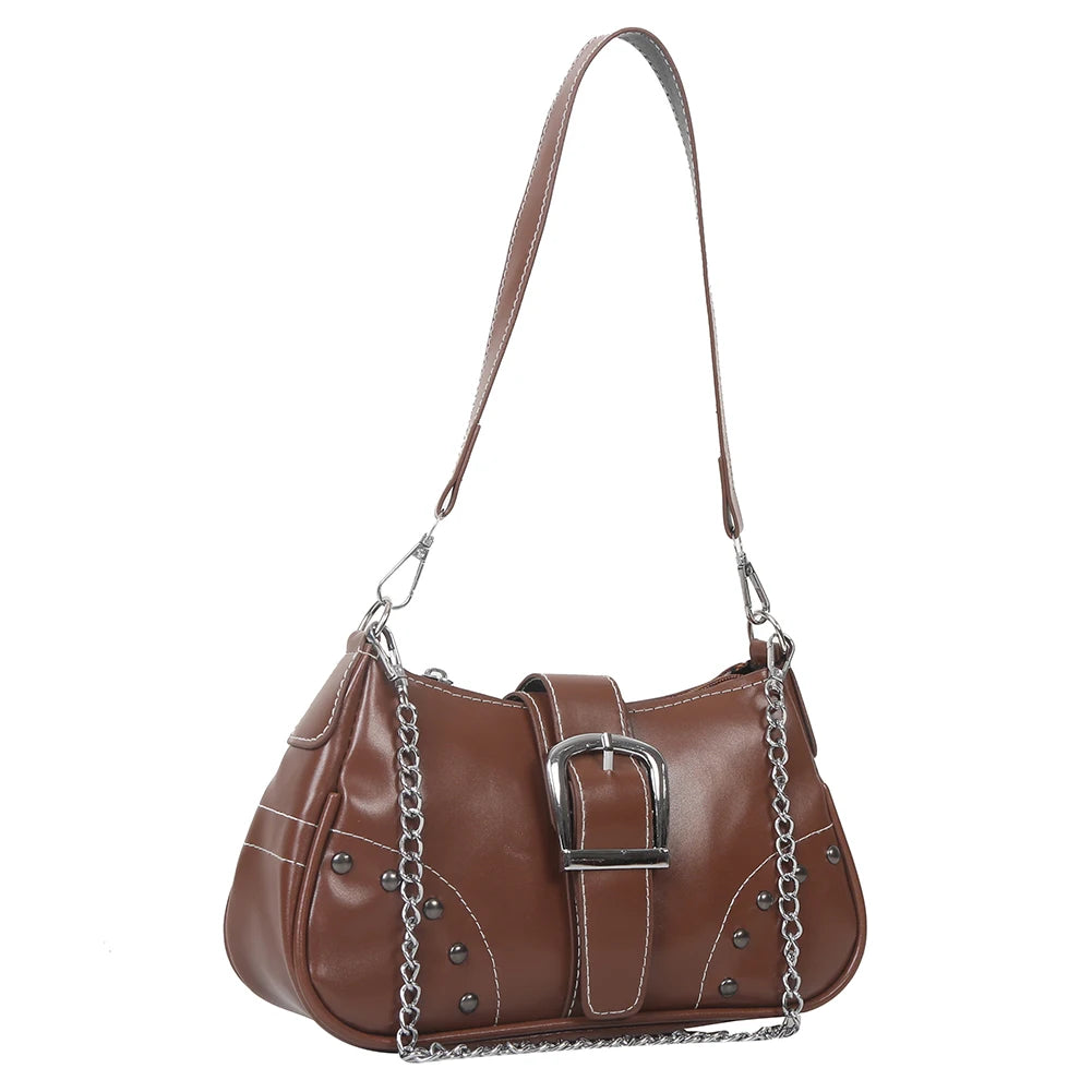 Women’s Crescent Armpit Bag – Solid Color Shoulder Bag with Chain Accent (Chic & Fashion Cool Style)