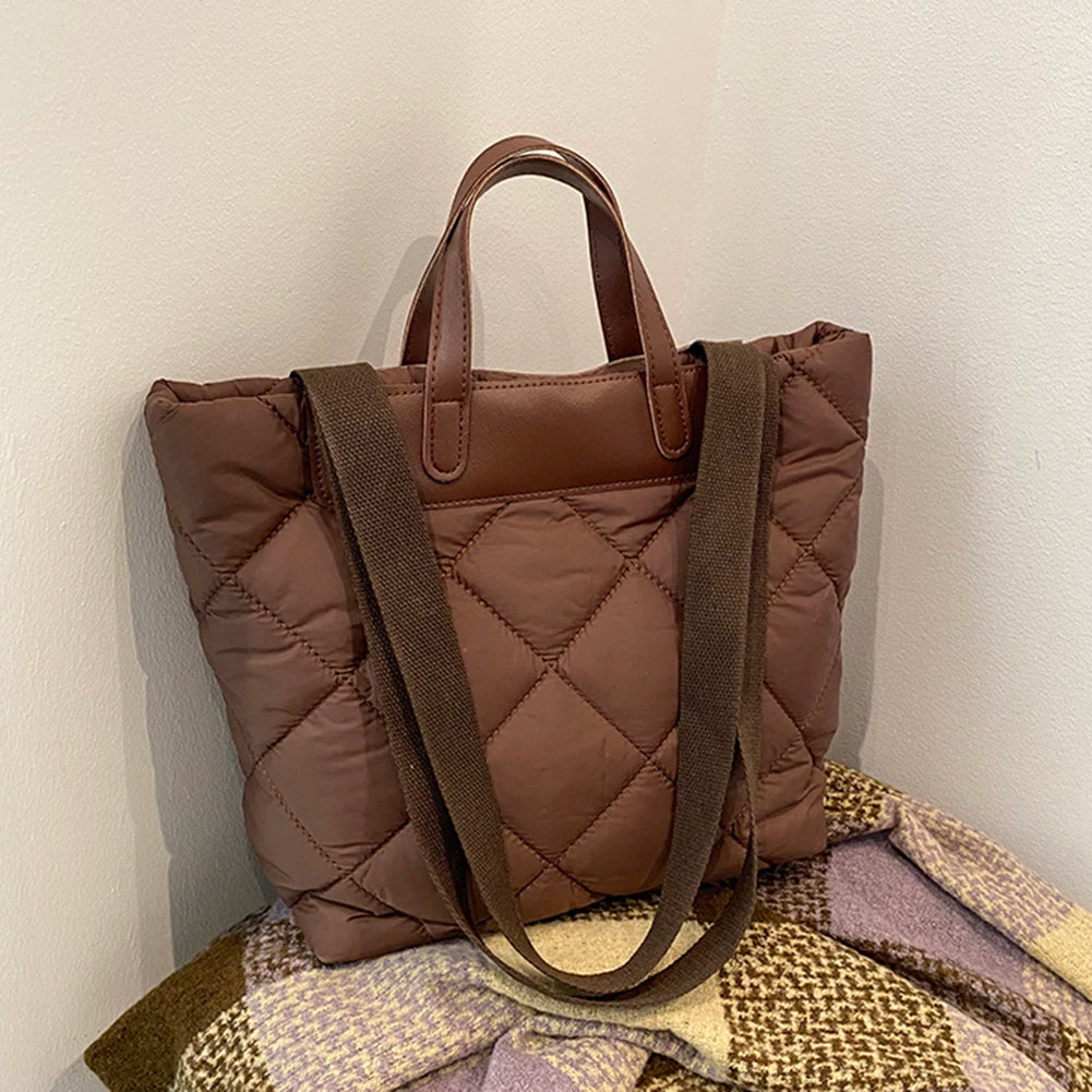 Women’s nylon puffer tote bag – quilted solid color large-capacity shoulder handbag, lightweight satchel purse for work & travel