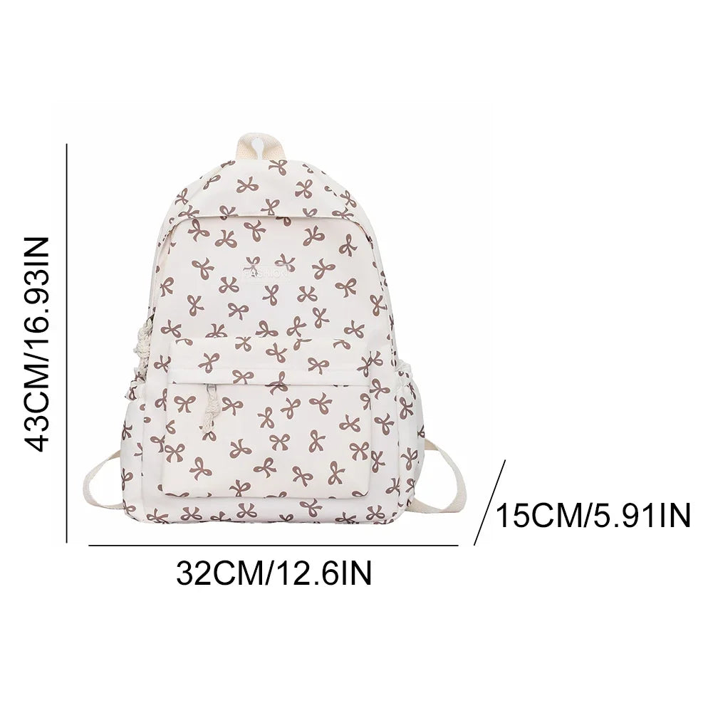 Bow Print Nylon Student Backpack for Girls & Women – Cute Schoolbag with Adjustable Straps for Travel & Daily Use