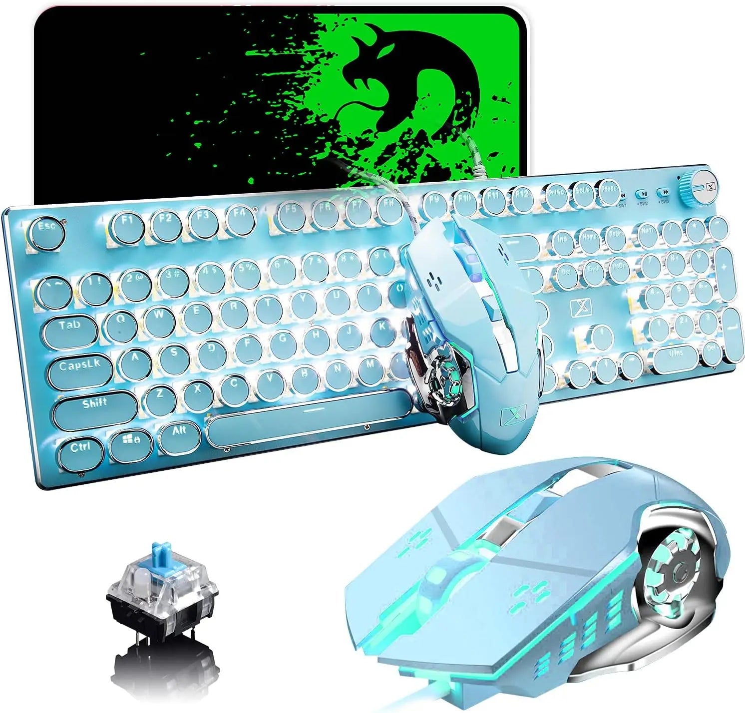 Retro Steampunk Gaming Keyboard & Mouse Combo – Vintage Typewriter Style 104-Key Mechanical Keyboard with White Backlight & Anti-Ghosting