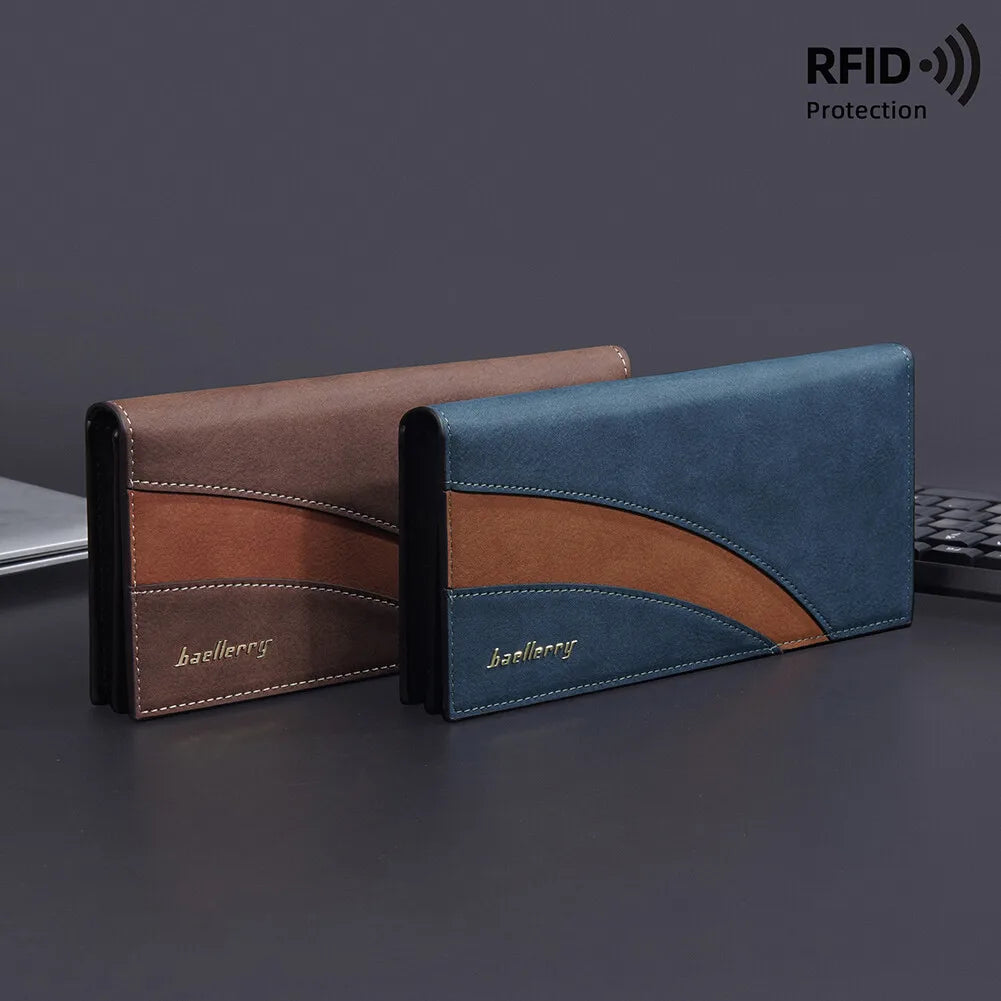 Fashion Long Purse Frosted Splicing Wallet PU Leather Business Men's Long Wallet Multifunction Large Cash Purse Bag Male