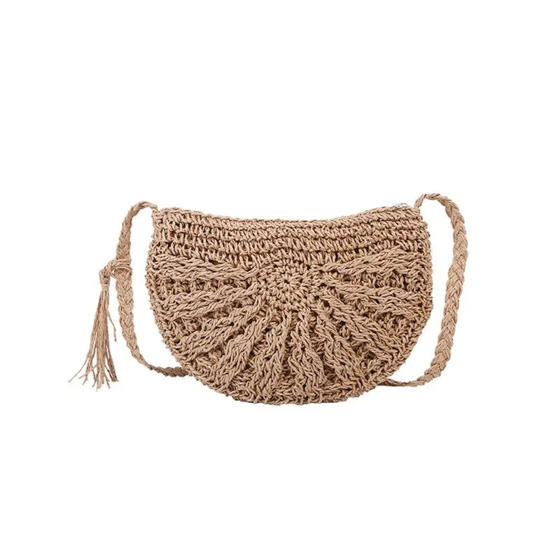 Half-Moon Woven Straw Crossbody Bag – Summer Beach Rattan Tote for Women