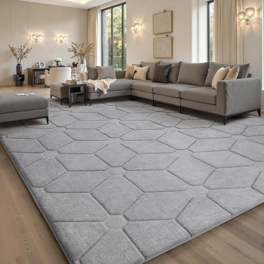 Fluffy Grey Washable Area Rug – 9x12 Soft Large Non-Slip Carpet for Living Room & Bedroom Décor