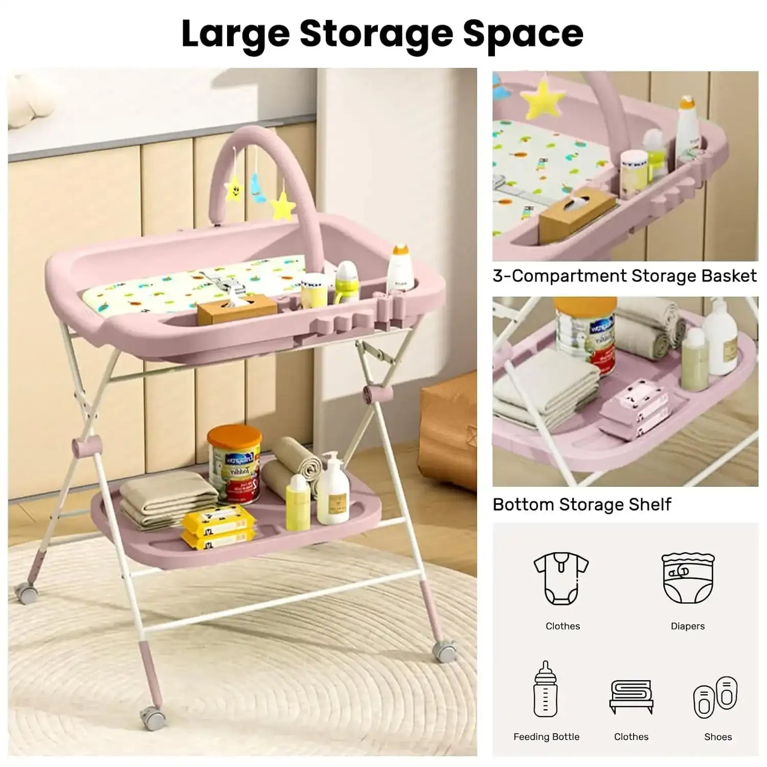 Adjustable Height Folding Baby Diaper Changing Table – Portable Station with Wheels & Organizer