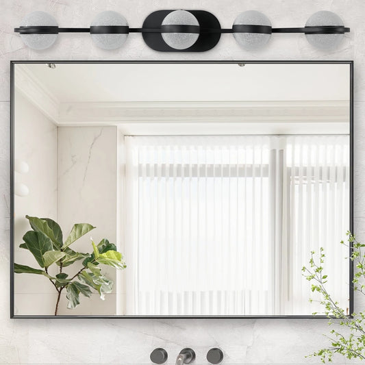 Modern Minimalist Bathroom Vanity Light – 5-Bulb LED Wall-Mounted Fixture with Frosted Glass Shades (Black Finish)