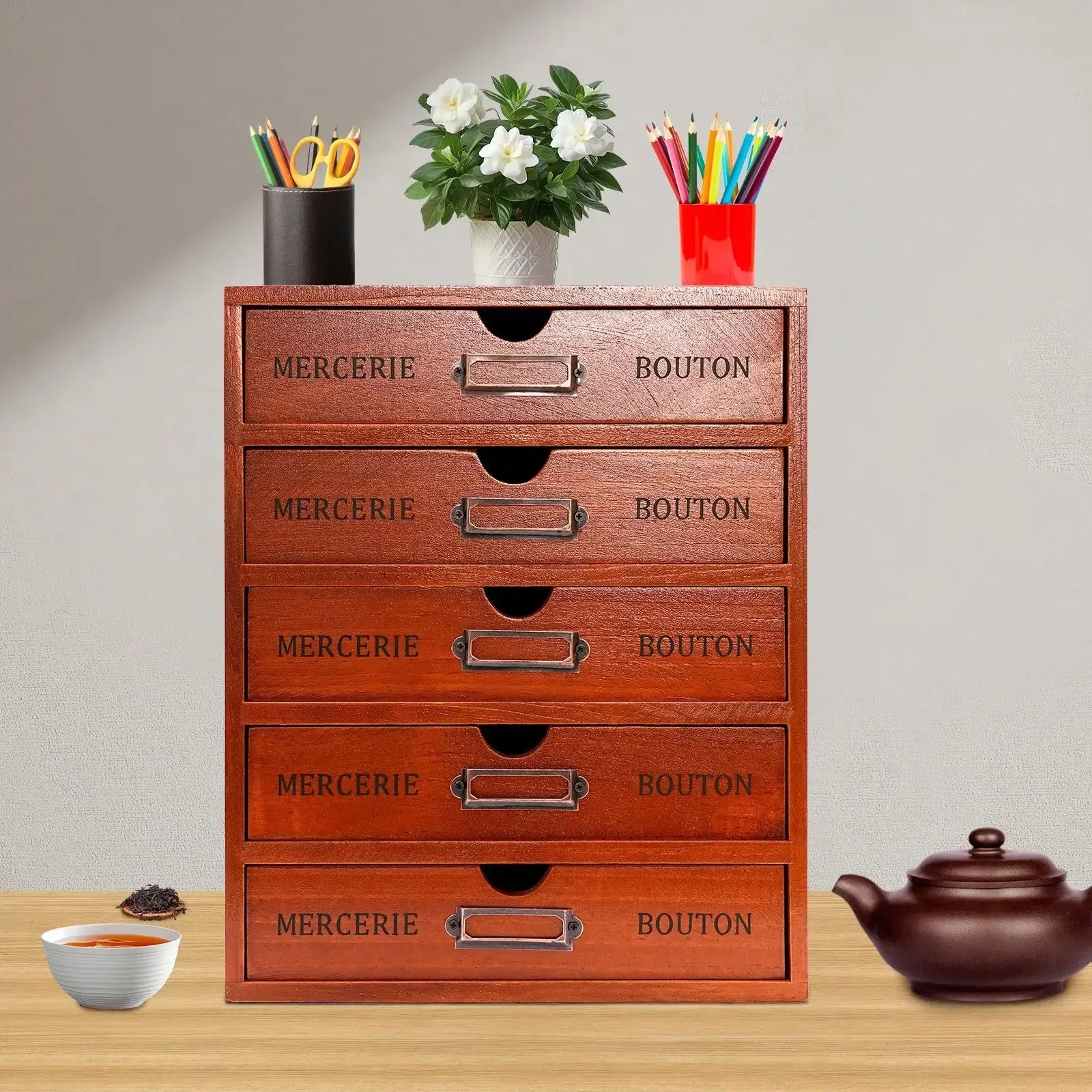 Vintage Rustic Wooden 5-Drawer Desk Organizer Shelf – Craft & Office Storage Box