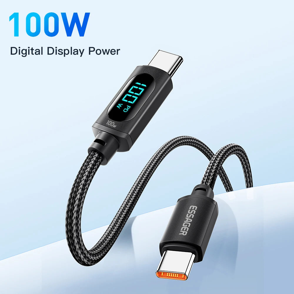 Essager LED USB-C to USB-C Cable – 100W PD & QC3.0 Fast Charging Display Cable for MacBook, Xiaomi, Samsung & Laptops